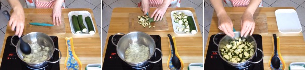 Tagliate le estremità delle zucchine, lavatele bene e mettetele da parte. Sbucciare la cipolla, lavatela e tagliatela finemente. Soffriggetela per qualche minuto nell’olio caldo e, quando è appassita, aggiungete le zucchine tagliate a cubetti. Salate e lasciate cuocere venti minuti senza coperchio, in modo che l’acqua evapori.