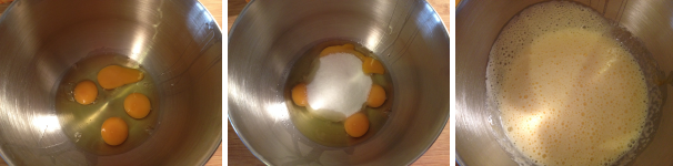La ricetta del ciambellone inizia con il più classico dei procedimenti in fatto di torte, ovvero mescolare uova e zucchero. Dunque, per prima cosa rompete le uova nel cestello della planetaria, versateci dentro anche lo zucchero e montate fino a quando il composto non diventa chiaro e spumoso.
