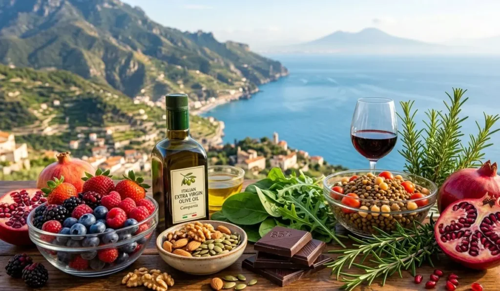 Selezione di superfood anti-aging della dieta mediterranea con olio EVO, melagrana e frutta secca su sfondo Costa d'Amalfi