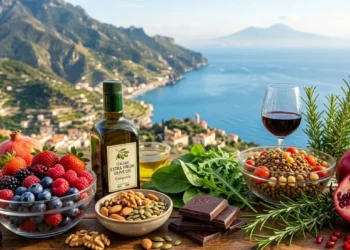Selezione di superfood anti-aging della dieta mediterranea con olio EVO, melagrana e frutta secca su sfondo Costa d'Amalfi