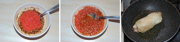 Trascorso il tempo di marinatura della salsa, aggiungete anche la passata di pomodoro ed amalgamate il tutto. In una padella, versate qualche cucchiaio di olio extravergine di oliva e rosolate il roll oramai freddo, come se steste sigillando un arrosto.