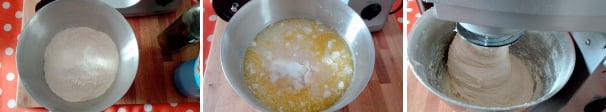 Per preparare la focaccia di quinoa, iniziate dalla preparazione dell’impasto. Setacciate i due tipi di farina e trasferitele nella ciotola dell’impastatrice. Aggiungete il lievito, l’olio extravergine d’oliva, l’acqua, il sale e lo zucchero. Avviate l’impastatrice e lavorate il composto per una decina di minuti, fino a quando non comincia a staccarsi dai bordi.