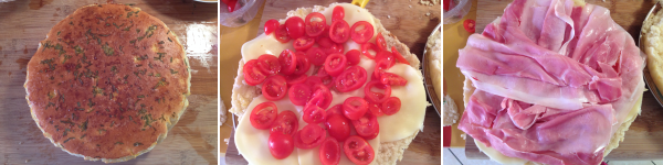 Cuocete per circa 25 minuti in forno statico a 180 gradi. Trascorso il tempo di cottura mettete la focaccia su un tagliere ed attendete che si raffreddi. Tagliatela poi nel mezzo, farcitela prima con il formaggio, poi aggiungete i pomodorini tagliati a fette ed il prosciutto, infine ricopritela con lo strato superiore.
 