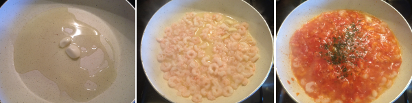 Nel frattempo potete preparare il sugo. In una padella mettete l’olio e gli spicchi di aglio sbucciati, fateli dorare qualche istante e aggiungete i gamberetti che dovrete fare cuocere per dieci minuti. Metteteci dentro poi la salsa e a fine cottura il prezzemolo. Per la cottura degli gnocchi, fate bollire una pentola di acqua salata, buttateli dentro delicatamente e non appena salgono a galla sono cotti. Prima di servire, fateli saltare per qualche istante in padella con il sugo.