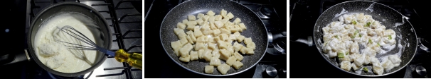 Aggiungete il Parmigiano e mescolate. Cuocete gli gnocchi in abbondante acqua salata fino a quando non cominciano a venire a galla. Scolateli e conditeli con la salsa al Parmigiano. Completate con il basilico spezzettato.