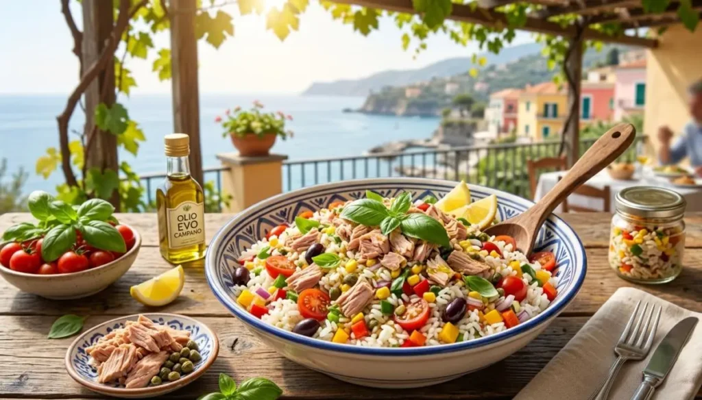 Insalata di riso con tonno e ingredienti freschi Una colorata insalata di riso con tonno, pomodorini e olive in una grande ciotola su un tavolo di legno all'aperto con vista sul mare.