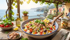 Una colorata insalata di riso con tonno, pomodorini e olive in una grande ciotola su un tavolo di legno all'aperto con vista sul mare.