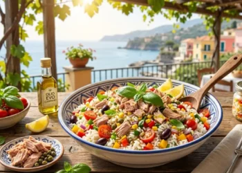 Una colorata insalata di riso con tonno, pomodorini e olive in una grande ciotola su un tavolo di legno all'aperto con vista sul mare.