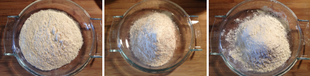 Pesate e setacciate separatamente le tre farine, quella integrale, quella di grano duro e la 00.