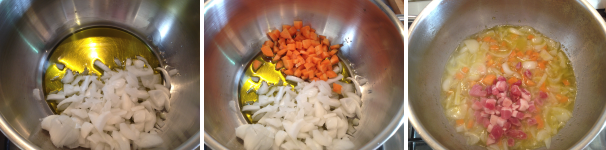 Come prima cosa prendete la cipolla, lavatela, tagliatela a pezzi e mettetela in una pentola che avrete precedentemente messo sul fuoco con dell’olio. Poi prendete la carota e fate la stessa cosa. Lasciate soffriggere per circa 5 minuti dopodiché aggiungete la pancetta tagliata a cubetti. Fate cuocere tutto per 10 minuti.