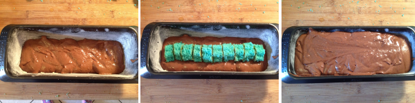 Ora potete procedere con la composizione del plumcake. Stendete un primo strato di impasto al cacao in una teglia da plumcake precedentemente imburrata e infarinata. Posizionate sopra, in fila uno vicino all’altro, i fiorellini colorati, in modo ordinato e spingendoli leggermente nella base dell’impasto per evitare che si muovano. Una volta terminata questa operazione, ricoprire tutto con il resto dell’impasto al cacao. Infornate in forno preriscaldato a 180 gradi per 35 minuti. Prima di togliere dal forno fate la prova dello stecchino per verificare la cottura.