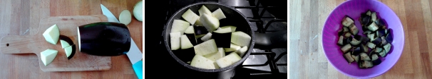 Iniziate la preparazione di questa ricetta tagliando le melanzane a cubetti. Sistematele in un pentolino e ricopritele di acqua. Salate e cuocete per 20 minuti circa. Scolate le melanzane, strizzatele e tenetele da parte.