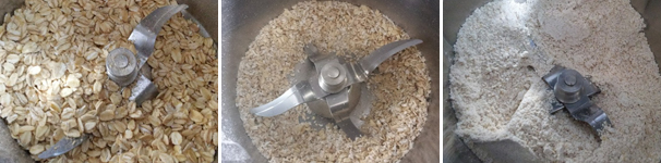 Nel boccale versate 80 grammi di fiocchi d’avena (i restanti 20 grammi teneteli da parte) e tritateli a farina con il bimby per 10 secondi a velocità 8, con una spatola portate i residui dalle pareti del boccale sul fondo. Ripetete l’operazione e mettete da parte.