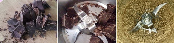 Tagliate a pezzi il cioccolato fondente e trituratelo nel bimby per 3 secondi a velocità 7, mettete anch’esso da parte.