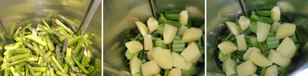 Aggiungete al soffritto gli asparagi, la patata e il sedano, precedentemente lavati e tagliati a pezzi. Versate poi l’acqua e fate cuocere per 26 minuti a 100 gradi a velocità 1.