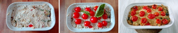 Tagliate i pomodorini a metà. Ungete e cospargete di pangrattato una pirofila da forno. Versatevi il composto di quinoa e verdure e decorate con i pomodorini. Infornate a 180 gradi per 20 minuti.