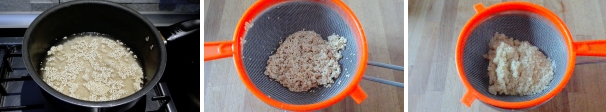 Iniziate dalla preparazione della quinoa. Sciacquate abbondantemente i semi sotto l’acqua corrente per eliminare la saponina presente in superficie. Portate a bollore 200 millilitri di acqua e aggiungete la quinoa. Fate cuocere a fuoco lento, fino a quando la quinoa non avrà assorbito tutta l’acqua. Salate e tenete da parte.