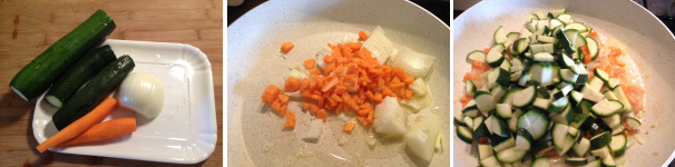 Come prima cosa lavate bene le verdure. Tagliate la cipolla e la carota e mettetele in una padella dove avrete precedentemente versato l’olio extravergine di oliva. Fate soffriggere per circa 5 minuti dopodiché aggiungete le zucchine tagliate a piccoli pezzi, salate e fate cuocere il tutto 15 minuti.
