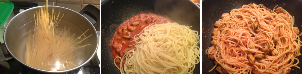 Nel frattempo fate bollire una pentola con due litri di acqua salata, dove farete cuocere i vostri spaghetti. Scolateli due minuti prima del tempo di cottura e fateli finire di cucinare nel sugo, acquisteranno così ancora più sapore.