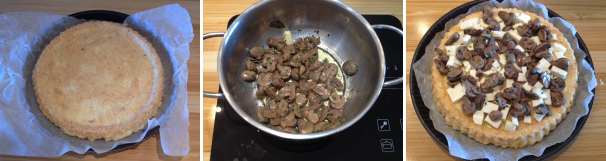 Una volta cotta lasciate intiepidire la torta, poi poneteci sopra un’altra teglia e rovesciatela sotto sopra. Intanto potete preparare i funghi, li lavate, li tagliate a fettine e li mettete a trifolare con due cucchiai di olio extravergine di oliva ed uno spicchio di aglio, per 15 minuti, a fine cottura aggiungete sale e prezzemolo. Tagliate poi il formaggio a dadini ed mettetelo insieme ai fughi sopra la torta. Infornate di nuovo a 180 gradi in forno statico per 15 minuti.