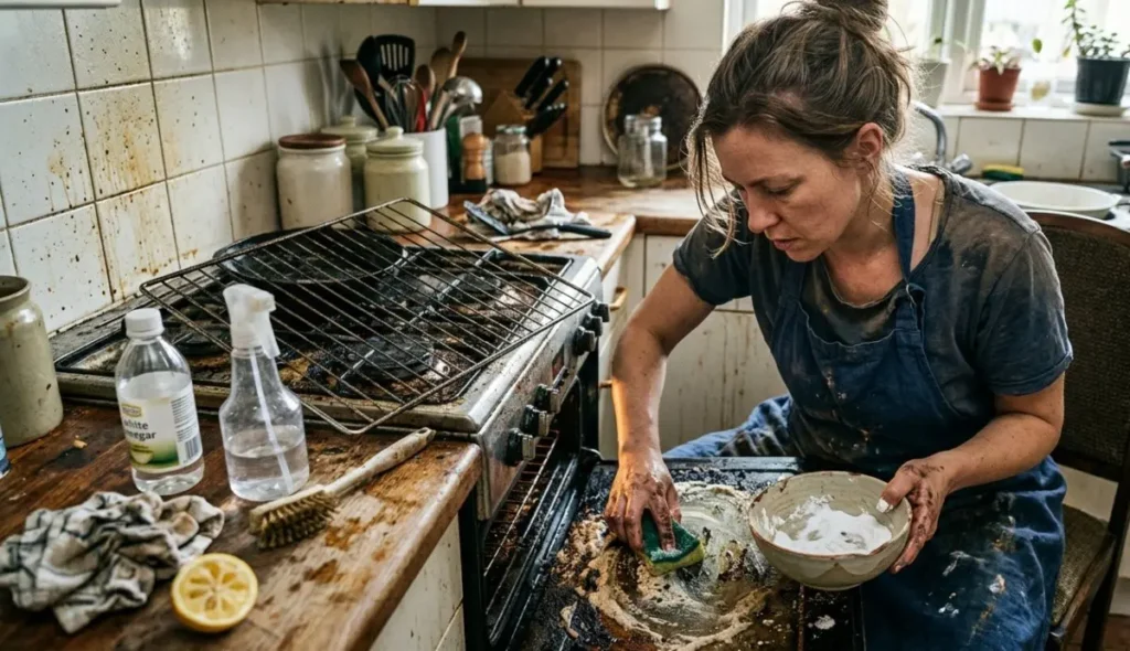 La realtà della pulizia del forno: prima del rimedio naturale Donna stanca che pulisce un forno molto sporco e incrostato di grasso bruciato usando una pasta di bicarbonato e una spugnetta in una cucina vissuta.