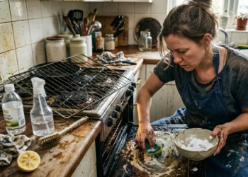 Donna stanca che pulisce un forno molto sporco e incrostato di grasso bruciato usando una pasta di bicarbonato e una spugnetta in una cucina vissuta.