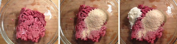 Come prima cosa mettete la carne trita in una terrina, aggiungete il sale, il pane grattugiato e il parmigiano.