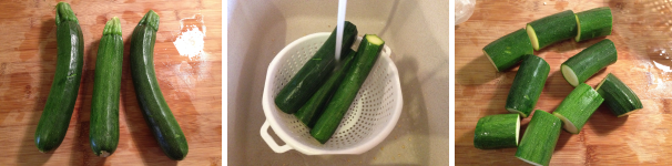 Ora preparate le zucchine. Tagliatene gli estremi, lavatele bene e tagliatele a pezzi lunghi circa 10 centimetri.