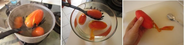 Mettete i pomodori  nell’acqua bollente per circa cinquanta secondi. Dopo il tempo dovuto, usando un mestolo forato, trasferite i pomodori in una ciotola con l’acqua ghiacciata per circa un minuto. Togliete i pomodori dall’acqua ed eliminate la pelle.