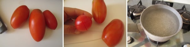 Lavate bene i pomodori. Incidete una croce nella parte alta del pomodoro, non tagliando la polpa. Mettete l’acqua a bollire.