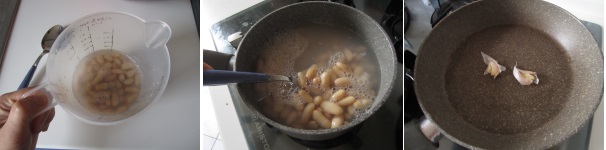 Mettete i fagioli in ammollo nell’acqua fredda leggermente salata per almeno un’ora. Scolateli, metteteli a lessare coperti con acqua per almeno 40 minuti o fin quando saranno morbidi. Scolateli. Versate l‘olio in una padella, schiacciate l’aglio insieme con la buccia e soffriggetelo per qualche minuto.