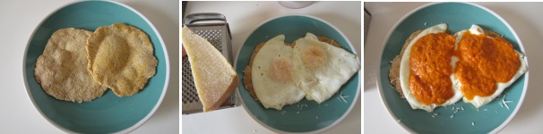 Disponete le tortilla sul piatto. Preparate due uova in padella e disponetele sopra le tortilla. Spolverate con il formaggio grattugiato e coprite con la salsa rancheros. Alla fine cospargete abbondantemente con il prezzemolo.