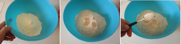 Versate la farina 00 a pioggia in una ciotola. Aggiungete la farina integrale, i semi di sesamo ed un cucchiaino di sale. Rimescolate tutto.