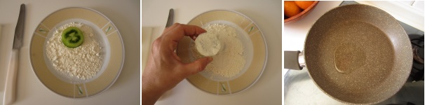 Versate la farina sul piatto e impanate ogni fetta da entrambi i lati per coprirla bene. Versate l’olio di soia nella padella e riscaldate.