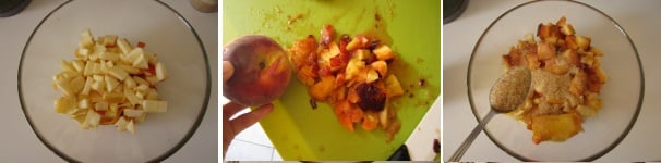 Unite le mele all’arancia. Lavate la pesca e tagliatela a cubetti. Aggiungetela al resto della frutta. Cospargete con lo zucchero.
