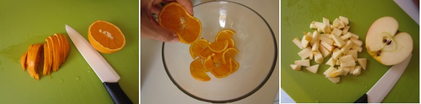 Lavate le arance. Un’arancia tagliatela a metà e poi a fette. Di un’altra spremete il succo. Mettete le fette in una ciotola. Lavate la mela e tagliatela a cubetti.