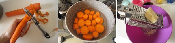 Sbucciate le carote e lavatele. Tagliatele a fette e lessatele in acqua salata per 10 minuti, dopodiché scolatele. In una ciotola grattugiate il pecorino.