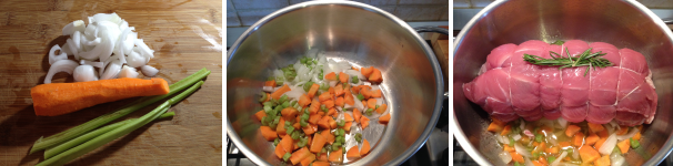 Per prima cosa lavate e tagliate a piccoli pezzi il sedano, la carota e la cipolla. Poi metteteli in una pentola con l’olio extravergine di oliva e fateli soffriggere qualche minuto a fuoco vivace. Una volta appassite un po’ le verdure potete mettere nella pentola il vostro arrosto di vitello, adagiarvi sopra il rosmarino ed aggiungere un po’ di sale. Fatelo rosolare, sempre a fuoco vivace per 30 minuti.