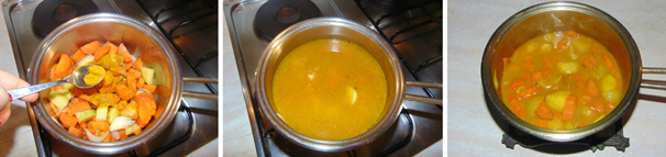 Spolverizzate le verdure in pentola con la curcuma e lasciate tostare qualche minuto. Terminata la fase di tostatura, coprite con il brodo vegetale scaldato e lasciate cuocere a fiamma media fino a che le verdure non saranno morbide. A metà della cottura aggiungete sale quanto basta.