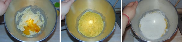 Aggiungete anche l’uovo interno ed il tuorlo e riprendete a lavorare alla stessa velocità, giusto il tempo di amalgamare. Proseguite aggiungendo la farina ed il lievito vanigliato e riprendete la lavorazione.