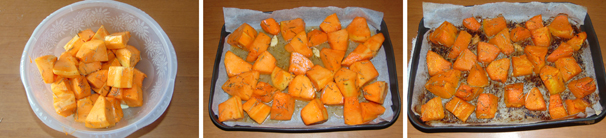 Trascorso il tempo di marinatura, versate la zucca in una teglia precedentemente ricoperta di carta forno ed infornatela per circa 20 minuti in forno statico a 250 gradi, precedentemente riscaldato. Appena la zucca sarà cotta, sfornatela e se necessario aggiustate di sale, date un giro di olio e crudo e servitela ben calda.