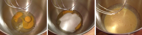 Nel cestello della planetaria rompete le uova, aggiungete lo zucchero e montate ad alta velocità per alcuni minuti, fino ad ottenere un composto chiaro e spumoso.