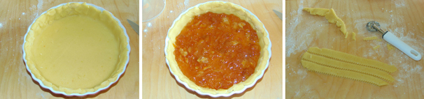 Foderate con la sfoglia ottenuta uno stampo per crostata, ritagliando l’impasto in eccesso. Farcite la base con la marmellata di agrumi e, con l’impasto avanzato in precedenza, realizzate delle strisce di pasta con le quali ricoprire la superficie della torta.