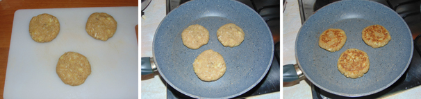 Date alle porzioni di impasto la tipica forma tonda e schiacciata da hamburger, dopo di che scaldate una padella e cuoceteli per qualche minuto per lato, fino a che non si saranno bene sigillati e non si sarà formata una crosticina croccante e dorata, quindi serviteli caldi.