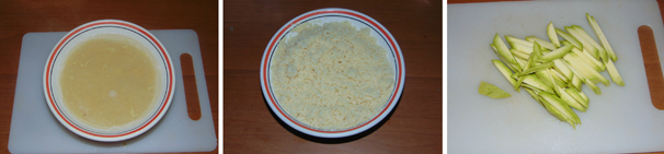 Fate bollire il brodo vegetale ed, una volta giunto a bollore, versatelo sopra il cous cous, quindi lasciatelo riposare fino a che non avrà assorbito tutto il liquido, dopo di che iniziate a sgranare i chicchi con una forchetta. Lavate e mondate le zucchine quindi tagliatele a julienne.