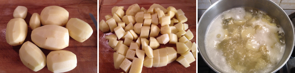 Per preparare gli gnocchi ai gamberi, per prima cosa bisogna fare gli gnocchi. Prendete le patate, privatele della buccia, tagliatele a pezzi e lessatele in abbondante acqua salata per 20 minuti.