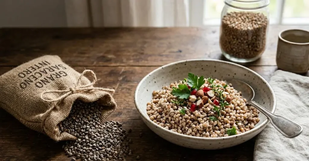 Grano saraceno: benefici e consigli per cucinarlo Un piatto di grano saraceno cucinato con melograno e mandorle accanto a un sacchetto di chicchi crudi su un tavolo di legno rustico.