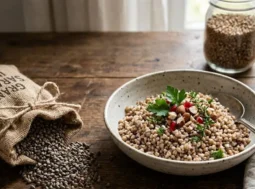 Un piatto di grano saraceno cucinato con melograno e mandorle accanto a un sacchetto di chicchi crudi su un tavolo di legno rustico.
