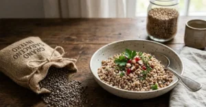 Un piatto di grano saraceno cucinato con melograno e mandorle accanto a un sacchetto di chicchi crudi su un tavolo di legno rustico.