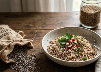 Grano saraceno: benefici e consigli per cucinarlo Un piatto di grano saraceno cucinato con melograno e mandorle accanto a un sacchetto di chicchi crudi su un tavolo di legno rustico.